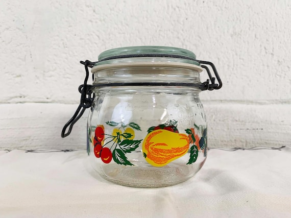 Vintage Glass Kitchen Canister Food Storage .5 Liter MCM Jar France Hermetic Seal Top Metal Wire Bale Le Parfait Fruit Motif French 1960s
