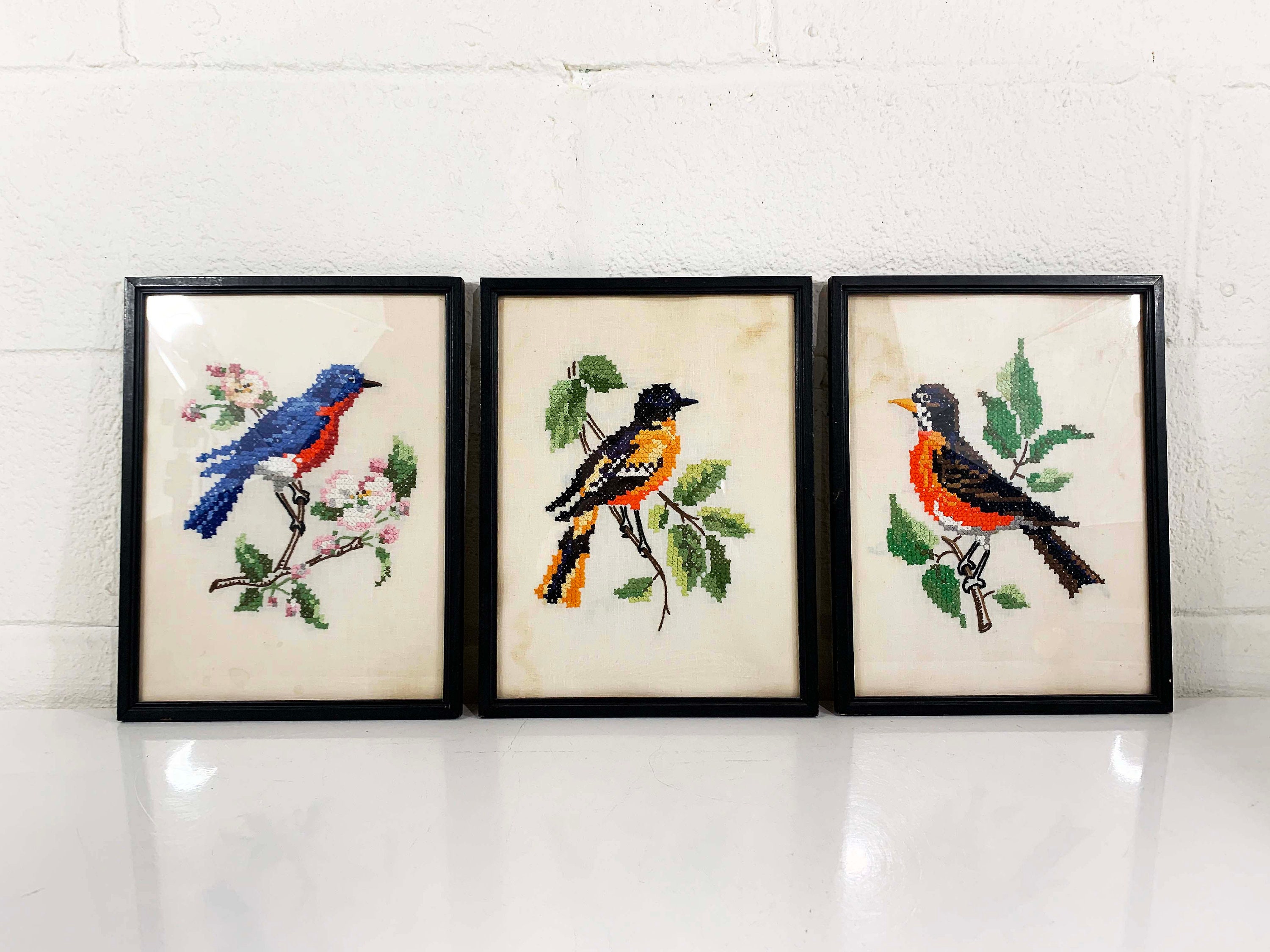 Vintage Set of 3 Framed Needlepoint Birds Fiber Art Crewel Wood Frame ...