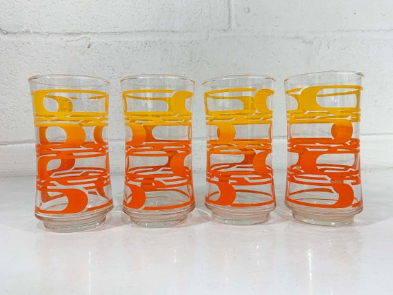 Vintage Orange & Yellow Glasses Ombre Geometric Abstract Mid-Century Barware Glass Drinkware Party Mad Men Set of 4 Cocktail 1960s Libbey