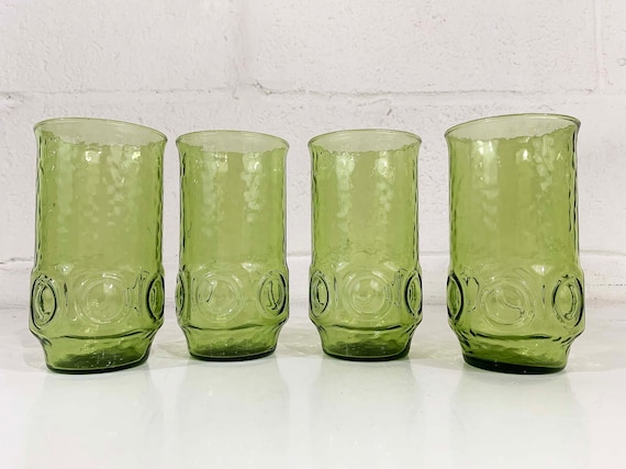 Vintage Green Glasses Set of 4 Mid-Century Colorful Serving Glassware Barware Avocado Party Cocktail Dot 1960s 60s