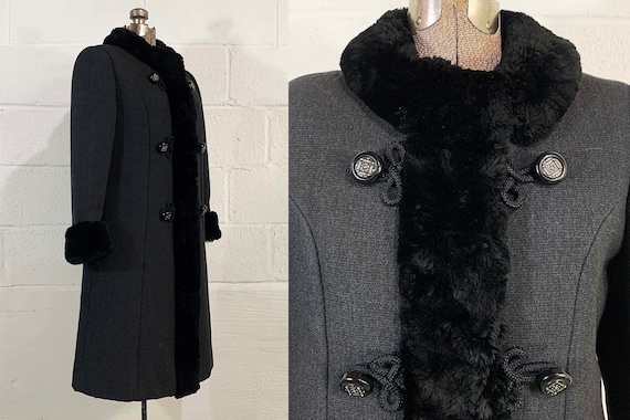 Vintage Charcoal Gray Winter Coat Faux Fur Trim Peacoat Jacket Hipster Mid-Century Mad Men Betty Meagan Draper Mod Satin Lining 1960s Large