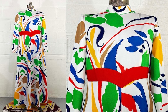 Vintage Colorful Maxi Dress Abstract Rainbow Floral Hostess Gown Mod 70s 1970s Long Sleeve Empire Waist Mockneck Prom Large