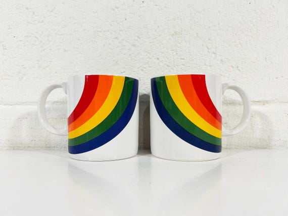 Vintage Rainbow Mug Set of 2 1980s Mugs Korea F.T.D.A. FTDA Coffee Cup Gay Pride Classic 1984 Cheerful Kitsch Kawaii Stranger Things