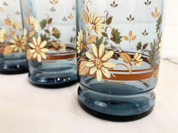 Vintage Libbey Blue Daisy Glasses: Retro Barware Set of 7