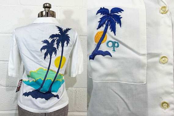 Vintage Ocean Pacific Shirt Palm Tree Embroidery White Blue 1970s Surfer Short Sleeved Button Front OP Blouse 70s Medium