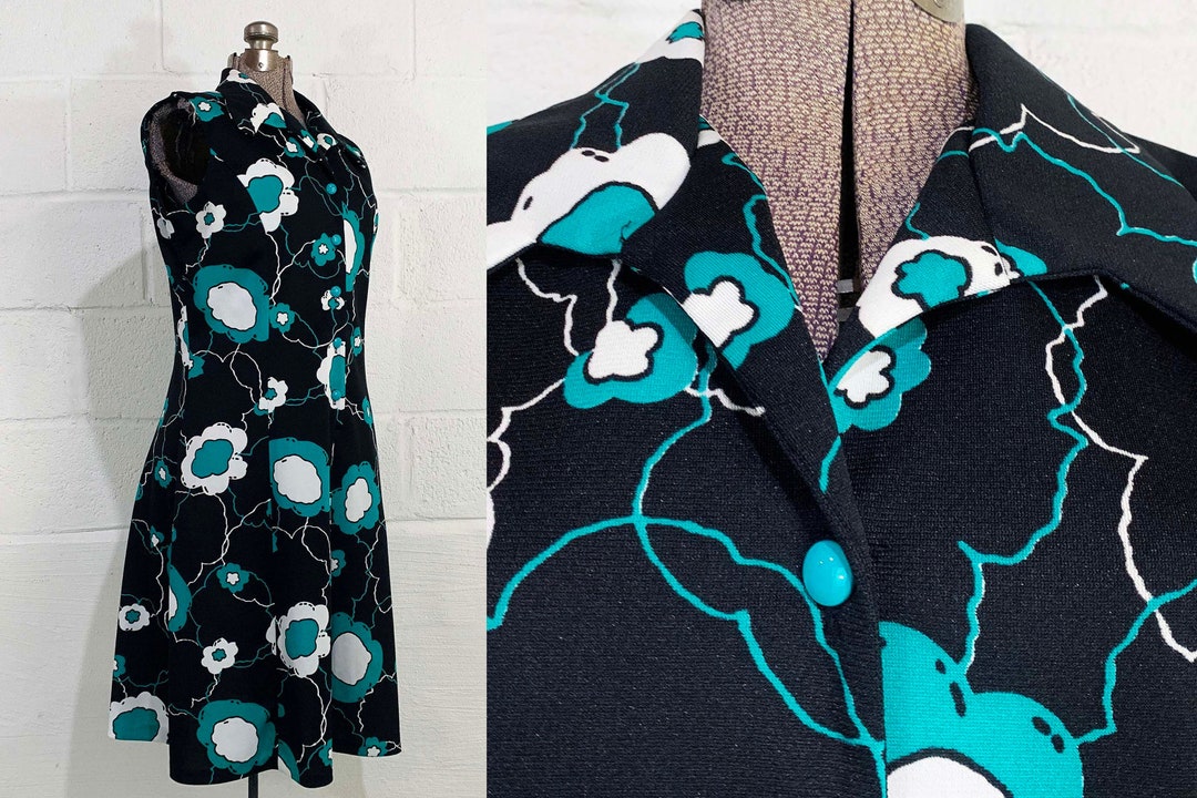 Vintage Mod Dress Dog Ear Collar Blue Floral Print Black Etsy