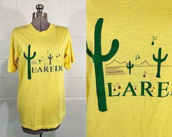 Vintage Laredo Souvenir T-Shirt 1980s Texas Music Saguaro Cactus Single Stitch "The 50's" Short Sleeve Yellow Tee Hipster Shirt Unisex Large