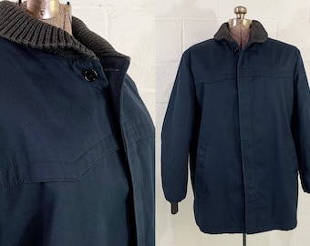 Vintage Navy Blue Winter Coat Hipster Jacket Outdoor Sears Oakbrook Sportswear Faux Fur 1970s 70s XL Large