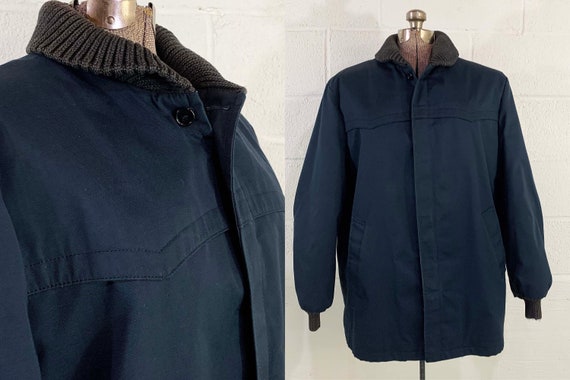 Vintage Navy Blue Winter Coat Hipster Jacket Outdoor Sears Oakbrook Sportswear Faux Fur 1970s 70s XL Large