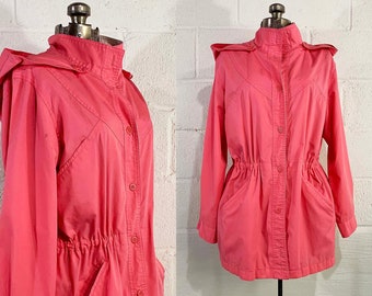 Vintage London Fog Pink Jacket Spring Windbreaker Cinched Waist Hooded Coat Preppy 80s Aesthetic 1980s Large XL