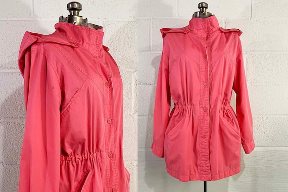 Vintage London Fog Pink Jacket Spring Windbreaker Cinched Waist Hooded Coat Preppy 80s Aesthetic 1980s Large XL
