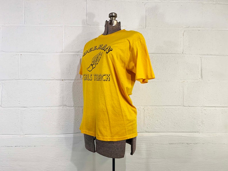 Vintage Yellow T-Shirt Jerzees Delran Girls Track Single Stitch Short Sleeve Tee Hipster Shirt New Jersey Unisex 1980s 80s Large image 5