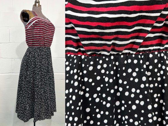 Vintage Striped & Polka Dot Sundress Red White Black Sally Lou Sun Dress Sleeveless Circle Skirt 1970s Small XS
