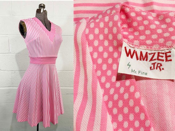 Vintage Wimzee Jr. by Mr. Fine Mini Dress Pink Stripe Polka Dot Sleeveless Mod A Line Fit & Flare  Twiggy Sizzler 1960s XS