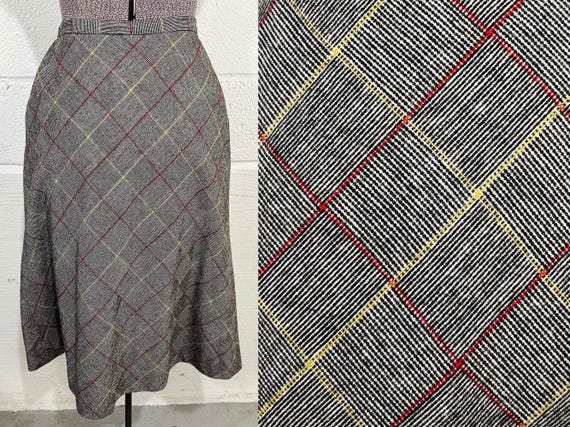 Vintage Wool Plaid Skirt Gray Yellow Red Schoolgirl Knee Length Century of Boston Mod A Line 1970s Small