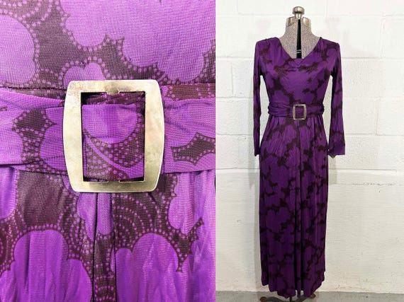 Vintage Purple Mod Dress by Cobina Boutique Fashion Cloud Pattern Belted Psychedelic Gown 1960s Small