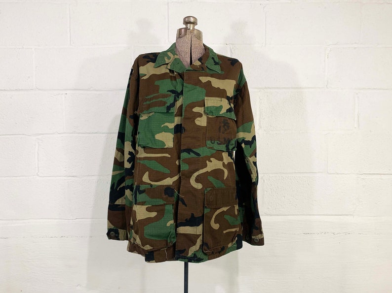Vintage Army Camo Jacket Canvas Cargo Green Brown Black Hipster Cotton Canvas Coat Military Camouflage Cotton USMC Marine 1970s 1980s XL image 3