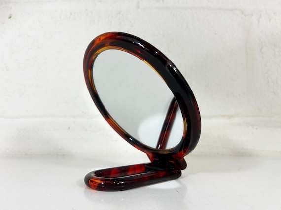 Vintage Vanity Mirror Double Sided Hand Table Lucite 1980s Makeup Magnifying Plastic Freestanding Travel Tilt 1970s Tortoiseshell