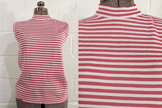 Vintage Mockneck Sleeveless Top Jay Walker Leslie Steele Tank 70s 1970s Mod Pink White Stripe Striped Knit 1960s 60s Medium Large