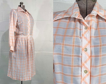 Vintage NPC Fashions Dress Windowpane Plaid Peachy Pink Salmon Long Sleeve Fit and Flare Sleeves 1980s 80s Medium