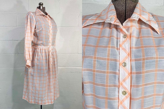 Vintage NPC Fashions Dress Windowpane Plaid Peachy Pink Salmon Long Sleeve Fit and Flare Sleeves 1980s 80s Medium