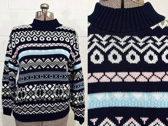 Vintage Helium Sweater Navy Blue Teal Pink White Abstract Graphic Knit Geometric Snowflake Fair Isle Ski Pullover 1980s 1990s Medium Large