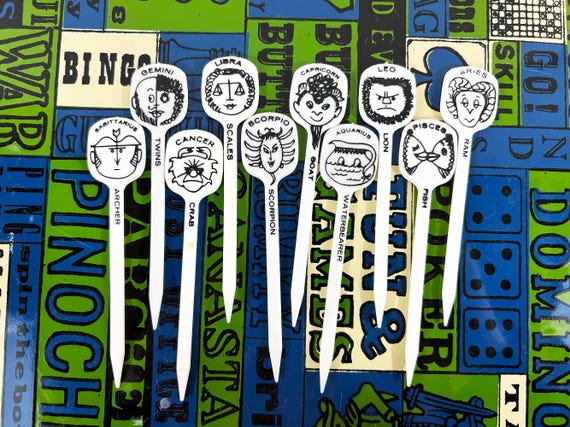 Vintage Serving Picks for Cheese or Appetizers 1960s MCM Astrology Zodiac Cake Topper Plastic