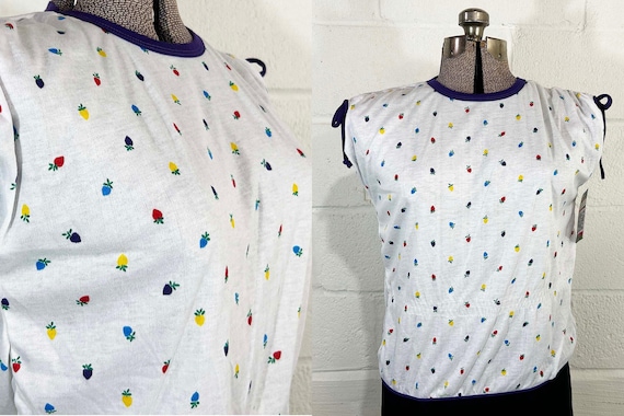 Vintage Fruit Pattern Summer Top Muscle Tank Purple Rainbow Sleeveless Shirt Strawberries Berries Wye Oaks 1980s Large Medium