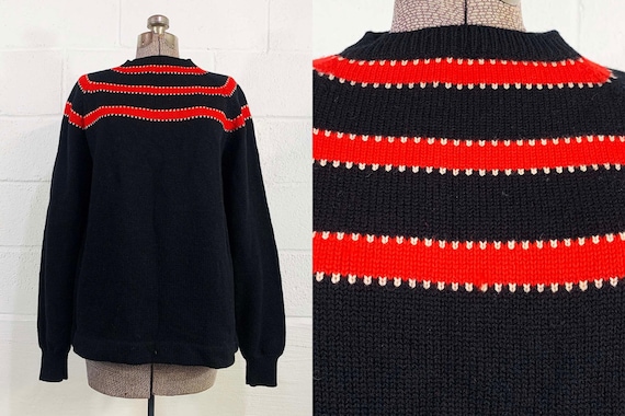 Vintage Mirsa Wool Sweater Italian Ski Raglan Pullover Black Red Italy Long Sleeve Knit Twin Peaks Fair Isle Hygge 1960s 60s Large XL
