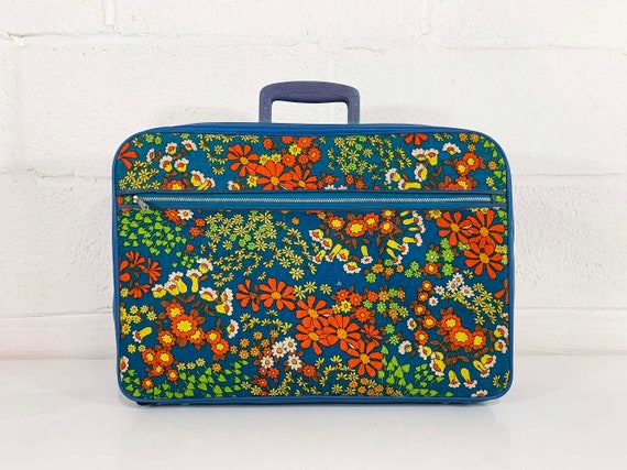 Vintage Small Flower Power Suitcase Rainbow Floral Case Make Up Bag Makeup Overnight Bag Luggage Travel 1970s 1960s Mod Kitsch Kawaii