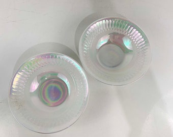 Vintage federale glazen serveerschaal iriserende set van 2 paar holografische Aurora Pearl Luster Moonglow Rainbow Lusterware jaren 1960