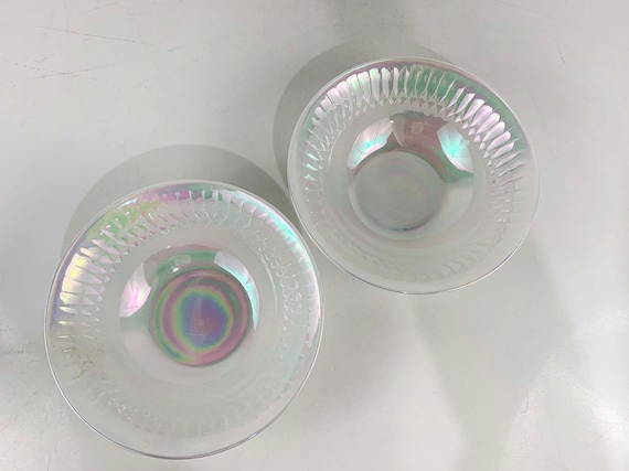Vintage Federal Glass Serving Bowl Iridescent Set of 2 Pair Holographic Aurora Pearl Luster Moonglow Rainbow Lusterware 1960s
