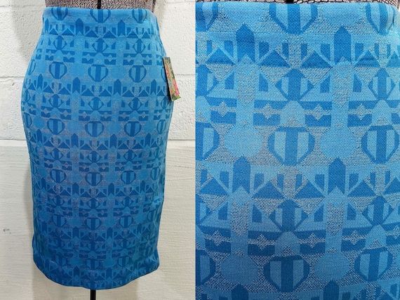 Vintage Geometric Fitted Blue Skirt Mini Mod Bodycon Turquoise Cerulean 1970s 1960s Small