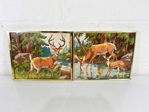 Vintage Framed Deer Paint By Numbers Set, Fawn Buck Doe Art, 1970s Decor