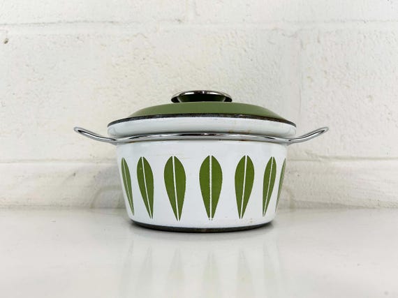 Vintage Cathrineholm Enamel White Green Dutch Oven Saucepan Sauce Pan Norway Catherineholm Norwegian Scandinavian Covered Pot 1960s 1950s