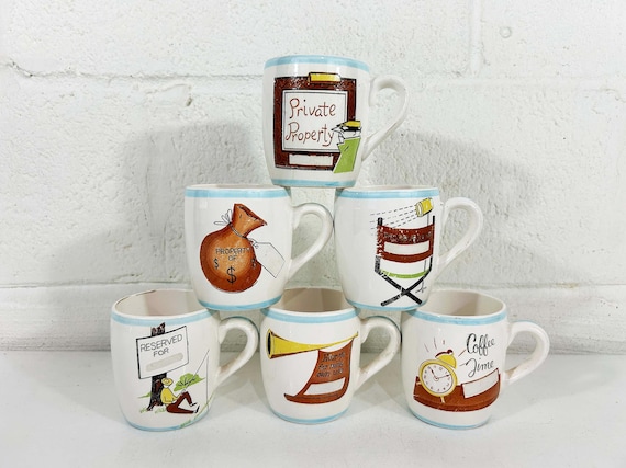 Vintage Novelty Personalized Coffee Time Coffee Mugs Tea Set of 6 Mid Century Cups Mid-Century Kitchen Housewarming Gift 1960s 1950s Nasco