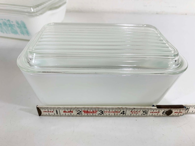 Vintage Pyrex Butterprint Refrigerator Dishes with Lids Amish Print Turquoise Blue Glass Dish Mid-Century 0503 0502 Ovenware Dopamine 1950s image 9