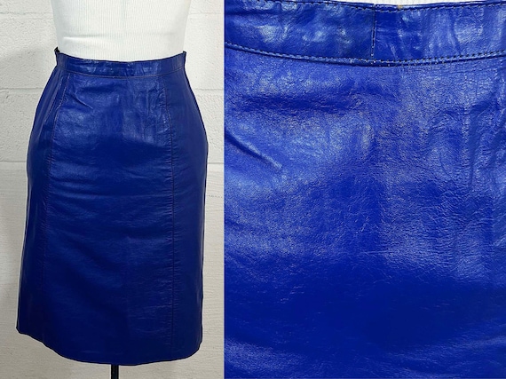 Vintage Indigo Leather Pencil Skirt Wiggle Outerwear by Phoenix Cobalt Royal Blue Purple Rocker New Wave Glam Rock 1990s 1980s Small XS
