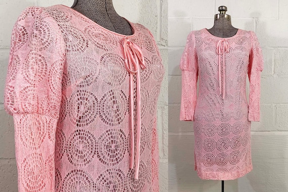 Vintage Pink Lace Mini Dress Long Sleeves Leg of Mutton Sleeve Wedding Guest Party Cocktail New Year's Evening Deadstock 1960s 60s XS