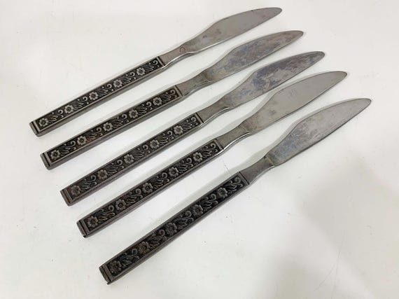 Vintage Mid Century Knives Flatware Silverware Set of 5 Kitchen Stainless Steel Japan 1960s Gold Standard Night Blossom Serving MCM