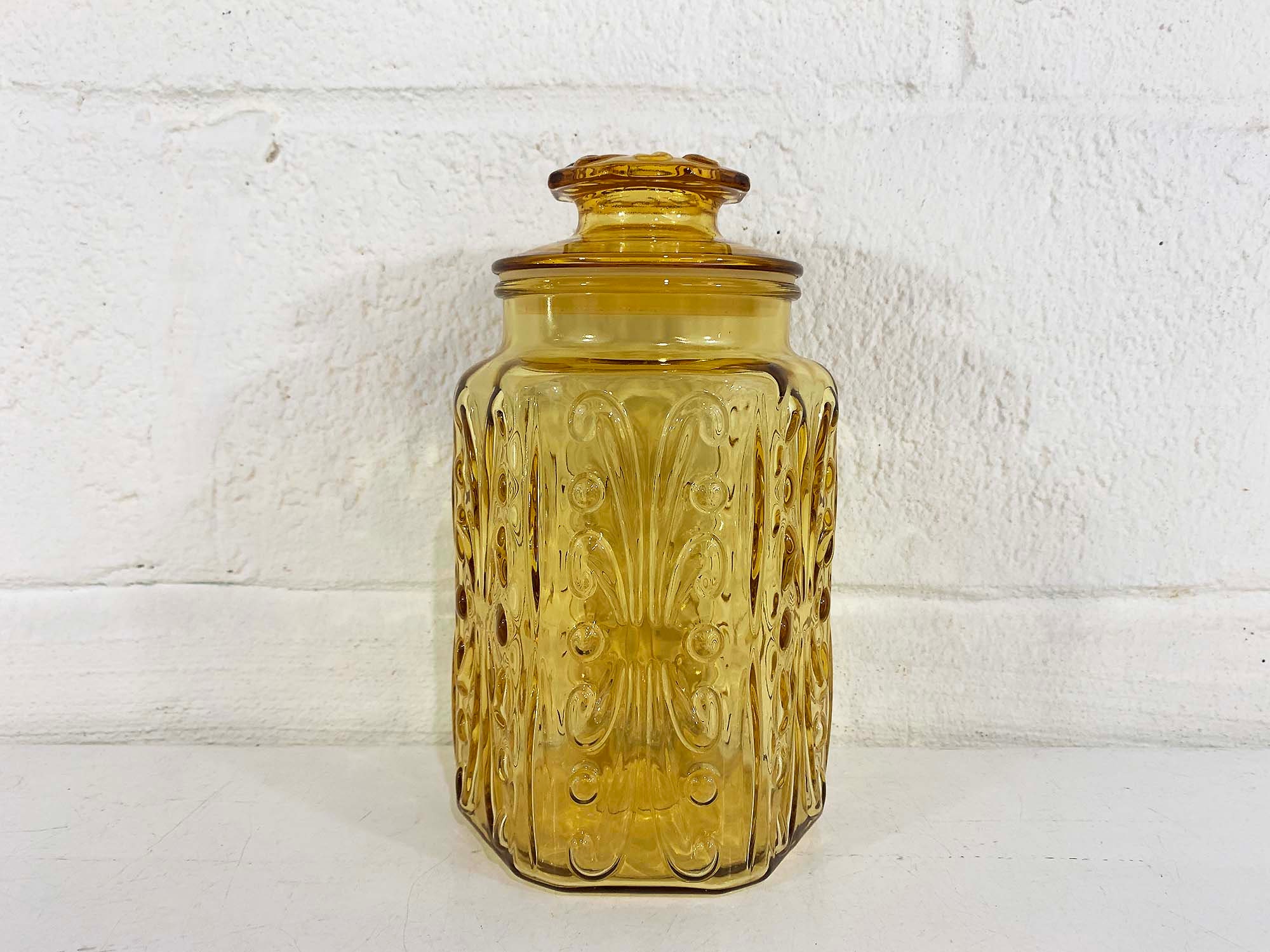 Vintage Glass Kitchen Canister L E Smith Amber Yellow Apothecary Jar ...