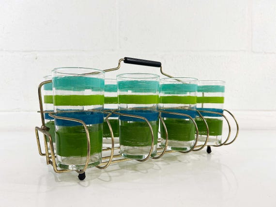 Vintage Striped Glassware w/ Carrier Entertaining Set of 8 Caddy Holder  Cocktail Party Glasses 1950s Blue Green Striped