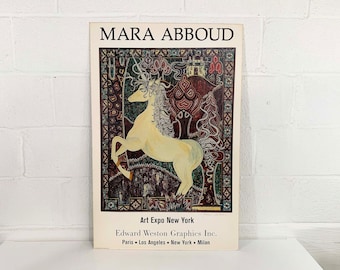 Vintage Mara Abboud Art Expo New York ingelijste print poster Museum tentoonstelling schilderij Unicorn paard jaren 1970 70 1978