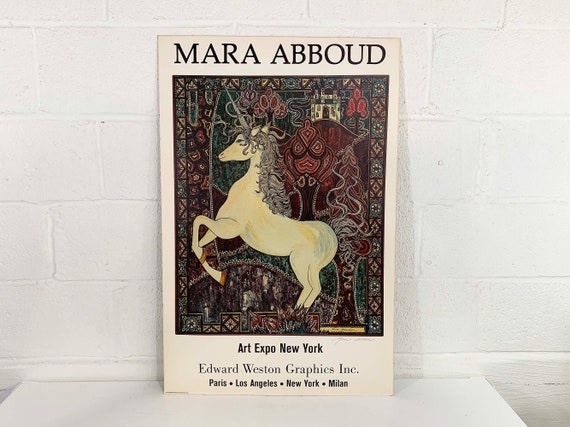 Vintage Mara Abboud Art Expo New York Unframed Print Poster Museum Exhibit Painting Unicorn Horse 1970s 70s 1978