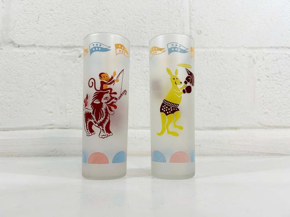 Vintage Frosted Carousel Glasses: Libbey Barware Set of 2