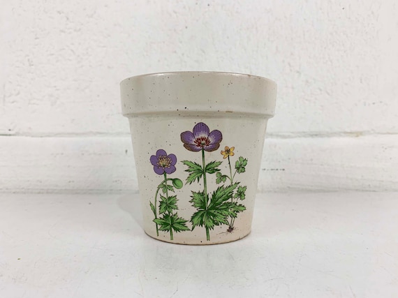 Vintage Gray Speckled Planter Purple Flowers Floral Pottery Pot Indoor Plant 1970s