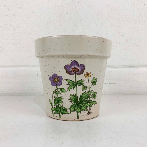 Vintage Gray Speckled Planter Purple Flowers Floral Pottery Pot Indoor Plant 1970s