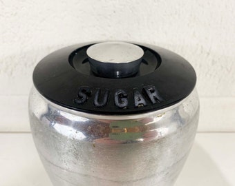 Vintage Brushed Aluminum Canister Sugar Black Plastic Lid Silver Metal Jar Retro Kitchen Art Deco 1950s