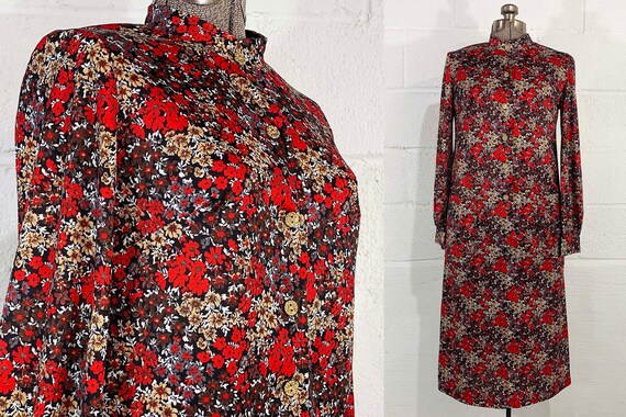 Vintage Dress Floral Red Wine Long Sleeve A-Line Sleeves Boho Mod Large Medium 1970s