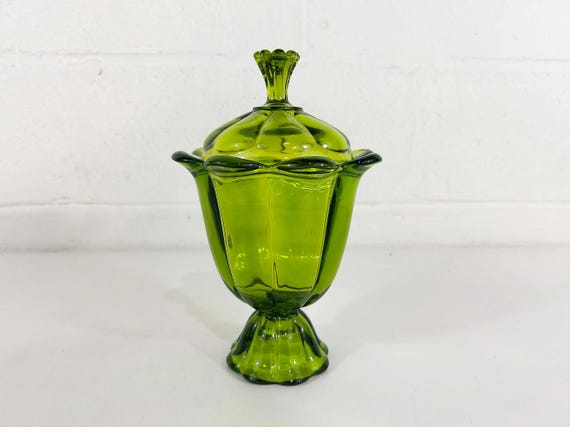 Vintage Viking Glass Green Candy Dish Epic Line Jar 9" Tall 8 Petal Tulip Lotus Foot #6709 MCM Mid-Century Home Decor 1960s 60s